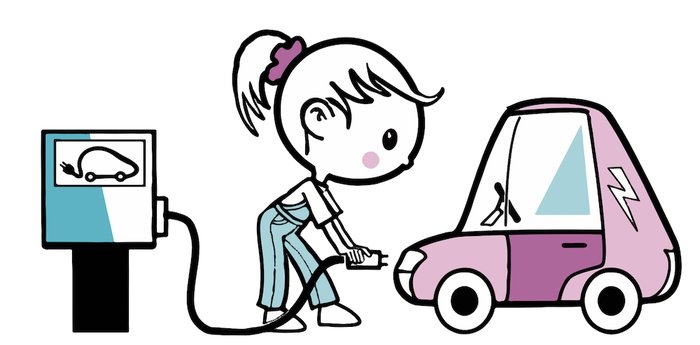 Illustration dessinée d'une jeune fille chargeant une voiture électrique