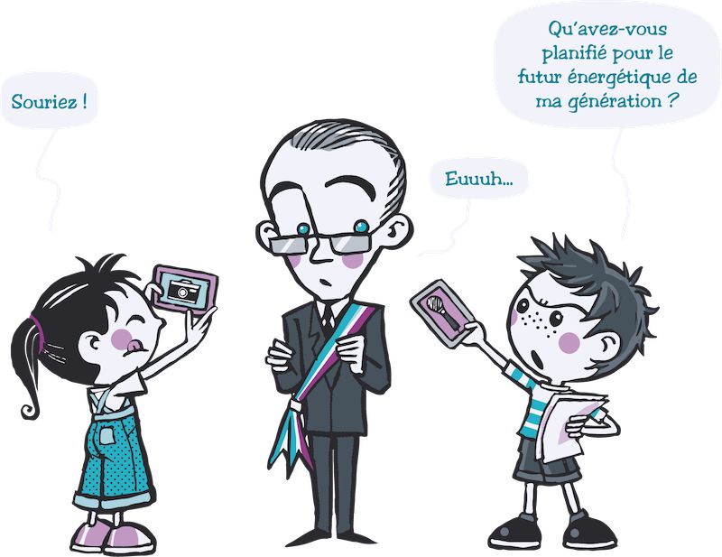 Illustrations représentant un maire questionné par une jeune fille qui le prend en photo et un jeune garçon qui l'enregistre